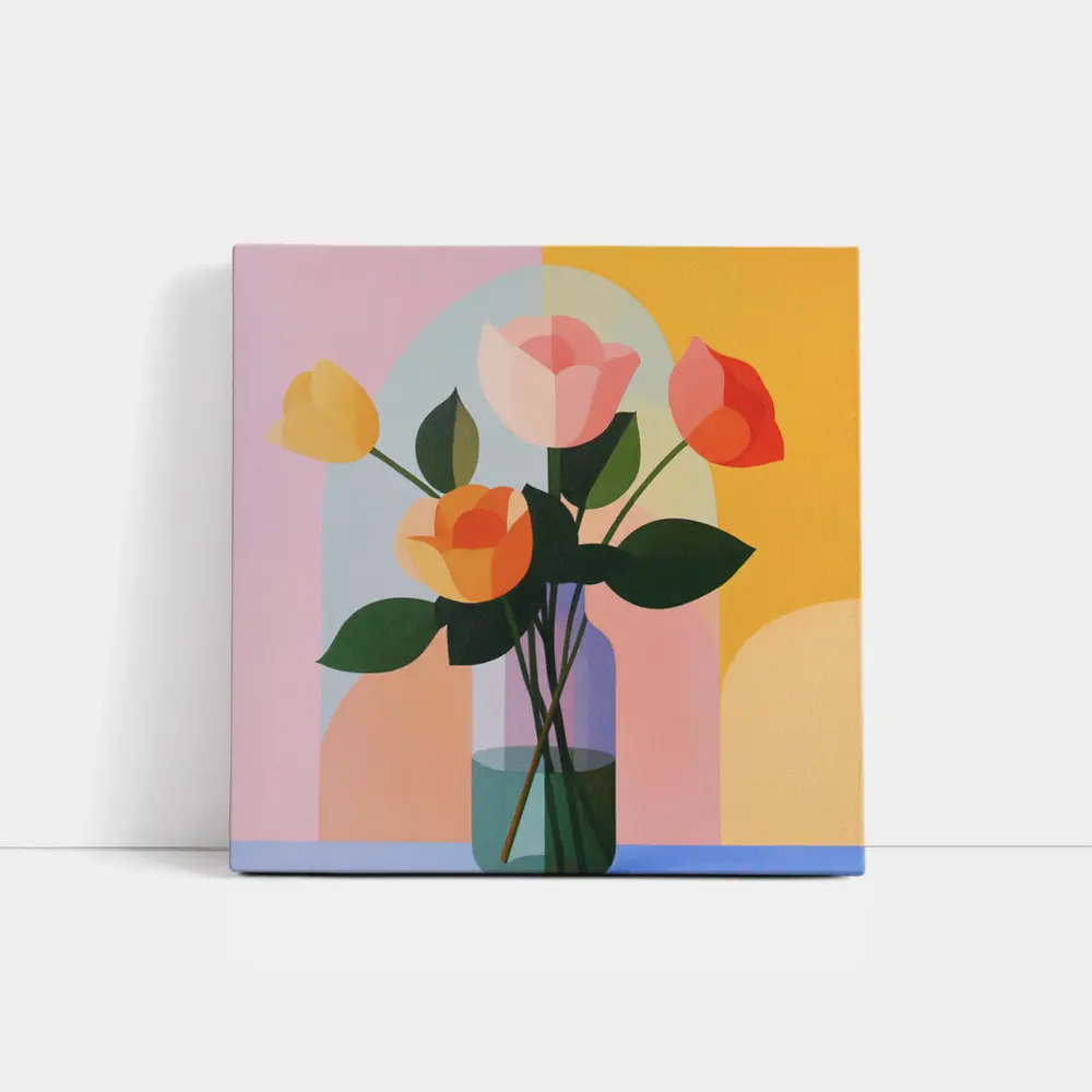 Roses in Vase Colorful Geometric Background – Wall Art