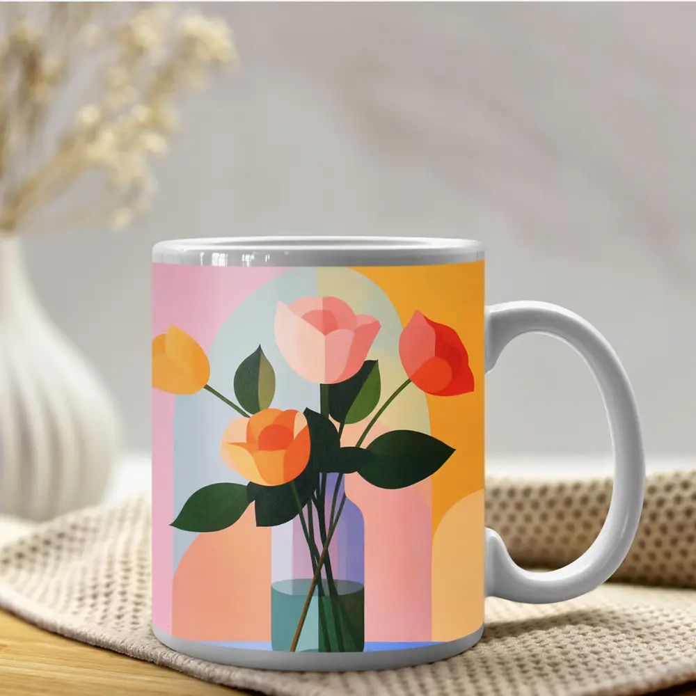 Roses in Vase Colorful Geometric Background – Mugs
