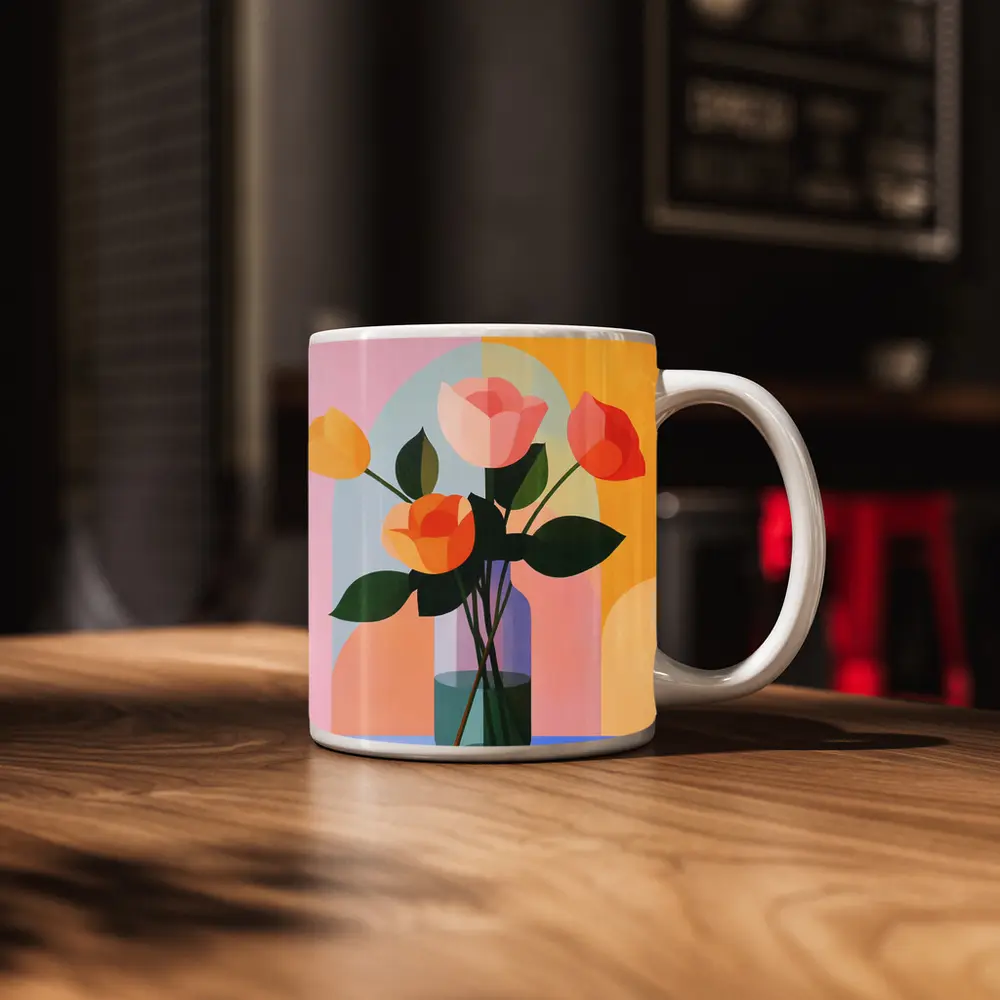 Roses in Vase Colorful Geometric Background – Mugs