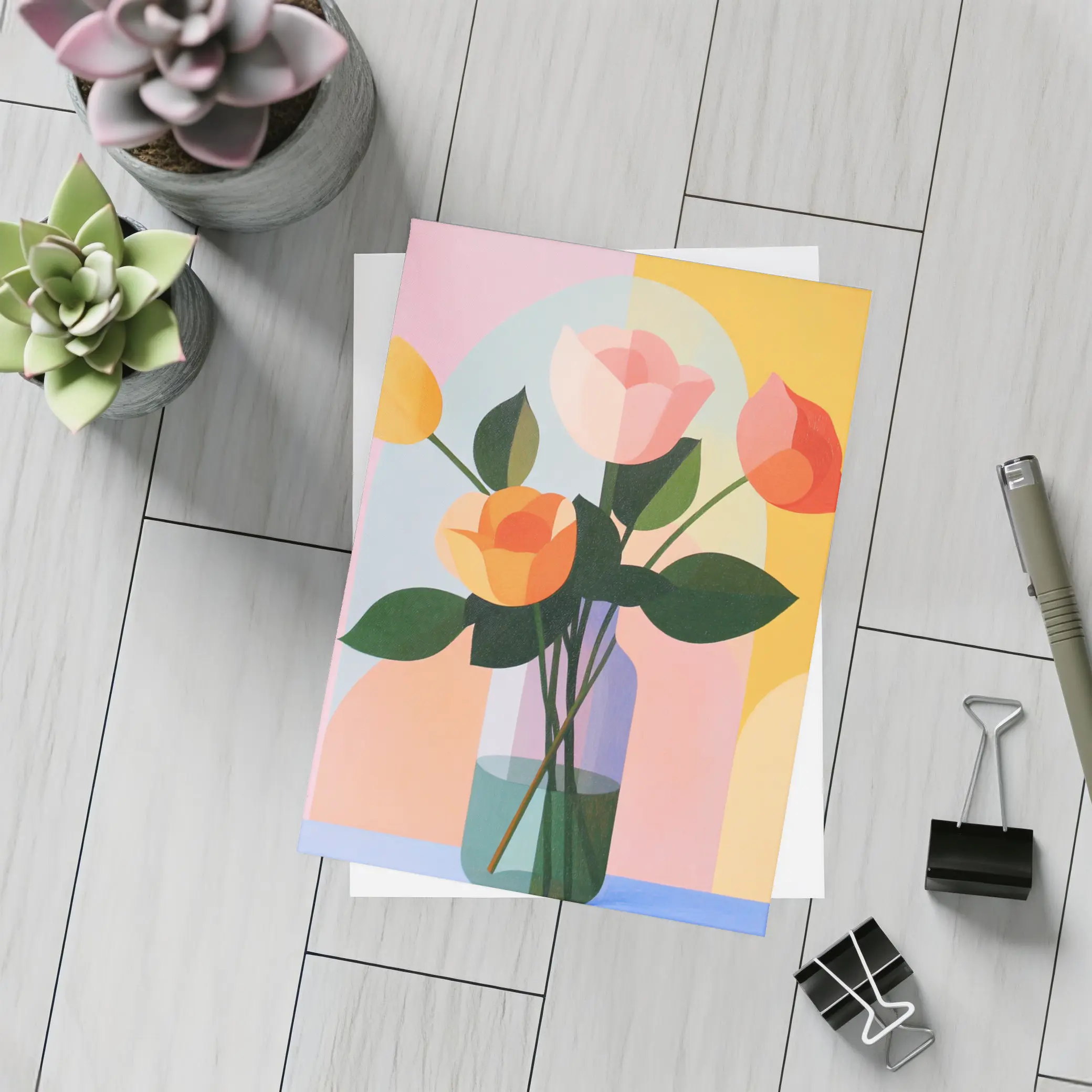 Roses in Vase Colorful Geometric Background – Postcards