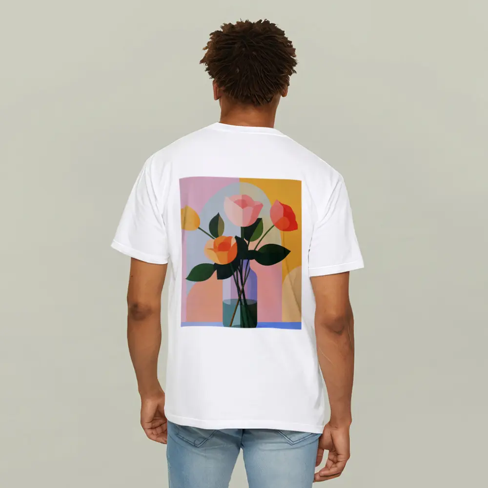 Roses in Vase Colorful Geometric Background – T-Shirts