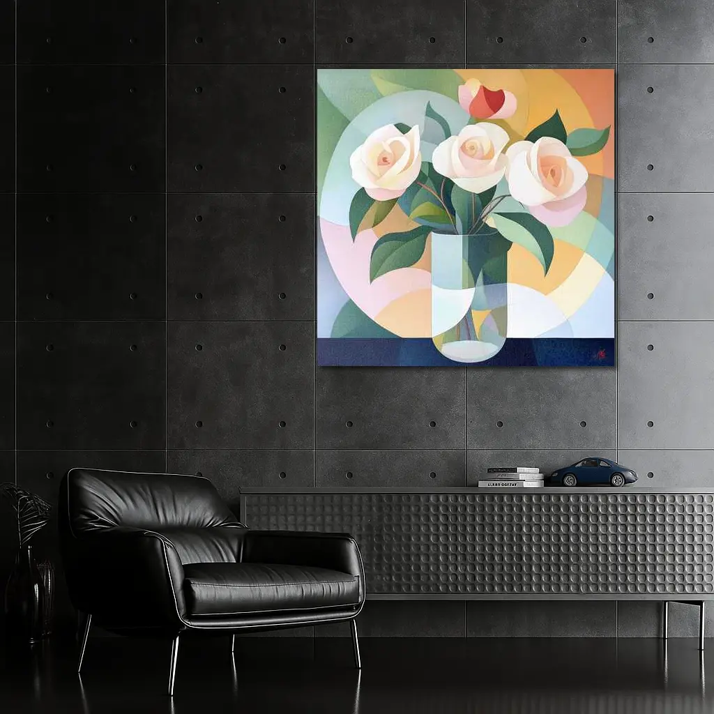 White Roses Vase Soft Geometric Abstract Background – Wall Art