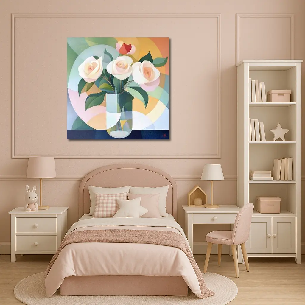 White Roses Vase Soft Geometric Abstract Background – Wall Art