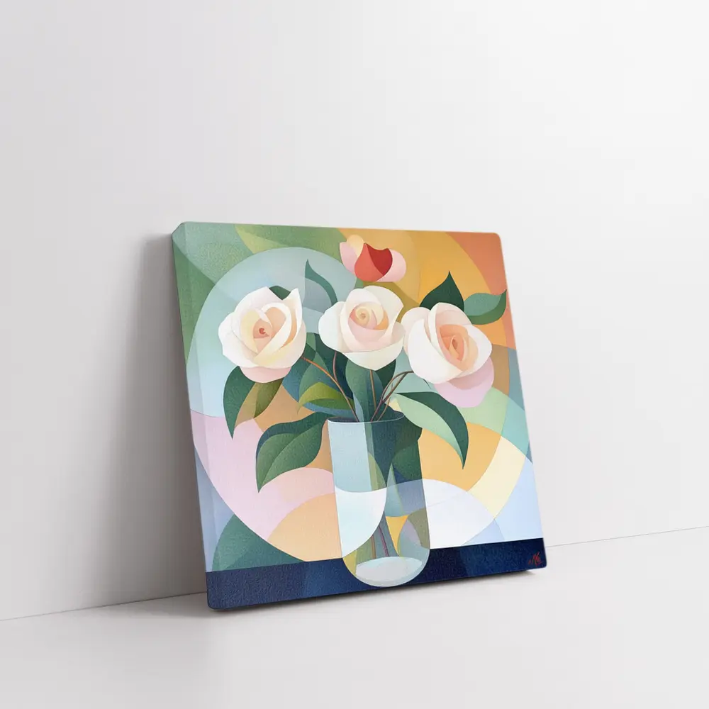 White Roses Vase Soft Geometric Abstract Background – Wall Art