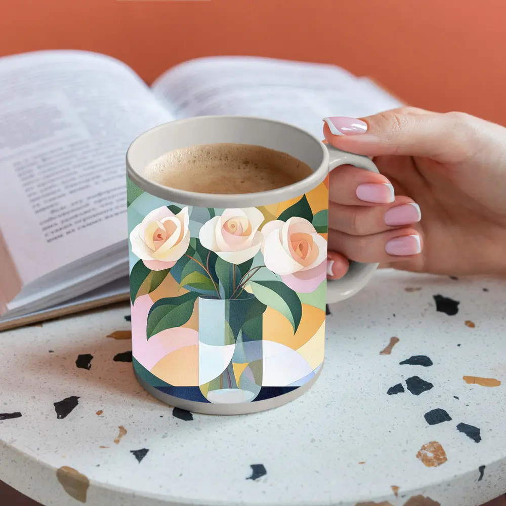 White Roses Vase Soft Geometric Abstract Background – Mugs