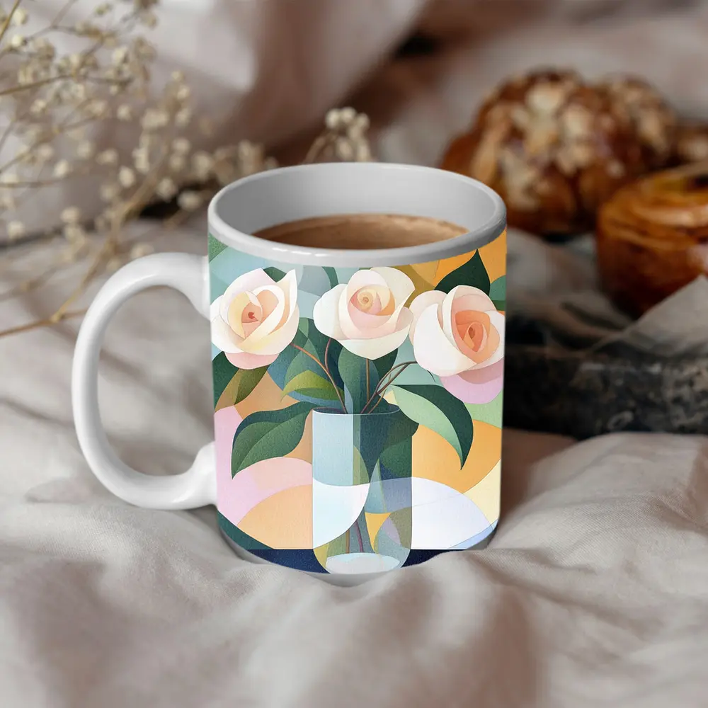 White Roses Vase Soft Geometric Abstract Background – Mugs