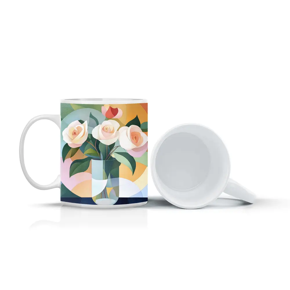 White Roses Vase Soft Geometric Abstract Background – Mugs