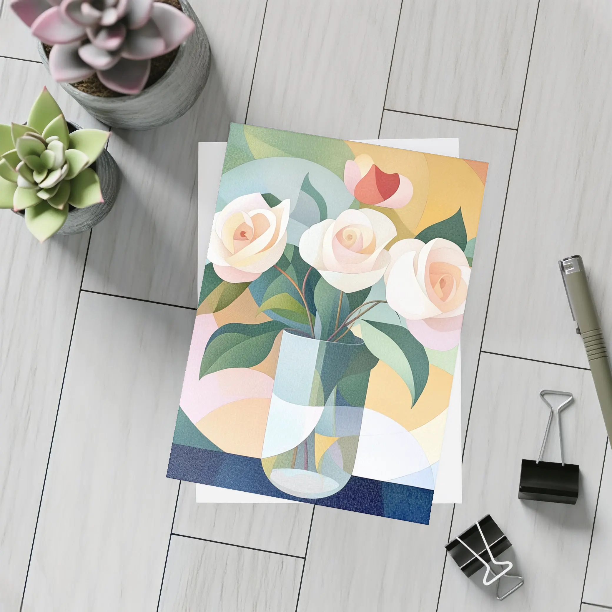 White Roses Vase Soft Geometric Abstract Background – Postcards