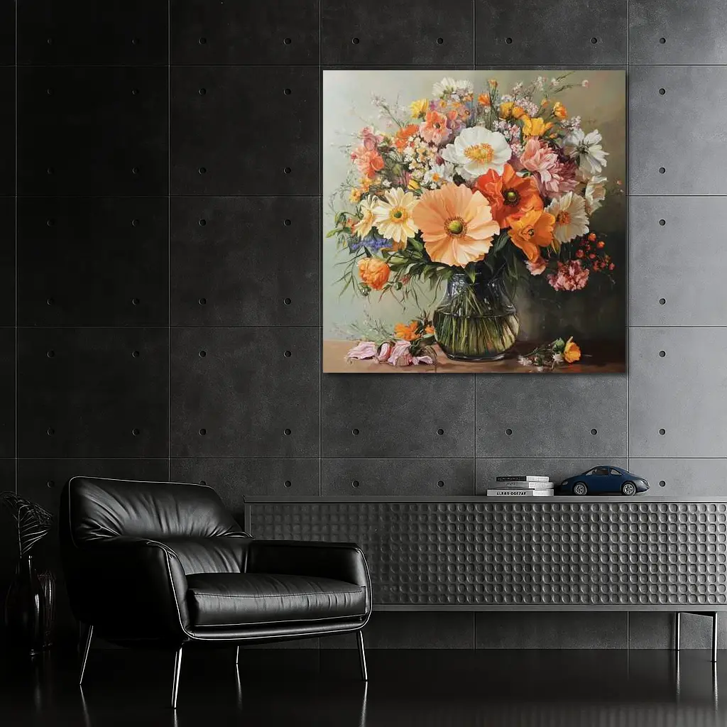 Orange Peach Wildflowers Bouquet Glass Vase Painting – Wall Art