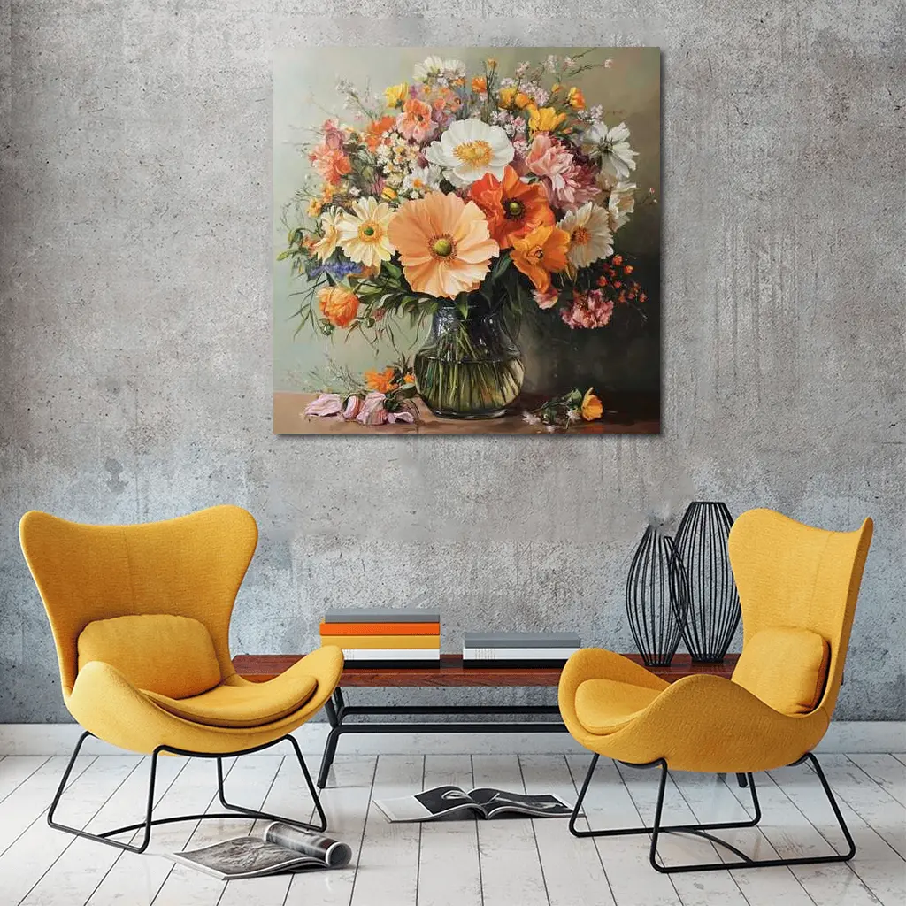 Orange Peach Wildflowers Bouquet Glass Vase Painting – Wall Art