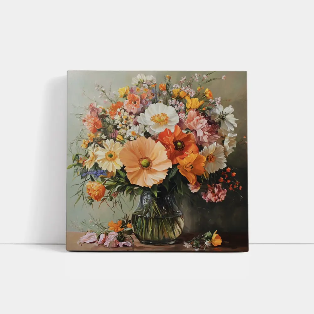 Orange Peach Wildflowers Bouquet Glass Vase Painting – Wall Art