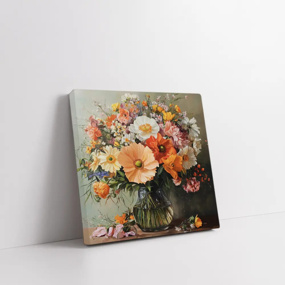 Orange Peach Wildflowers Bouquet Glass Vase Painting – Wall Art