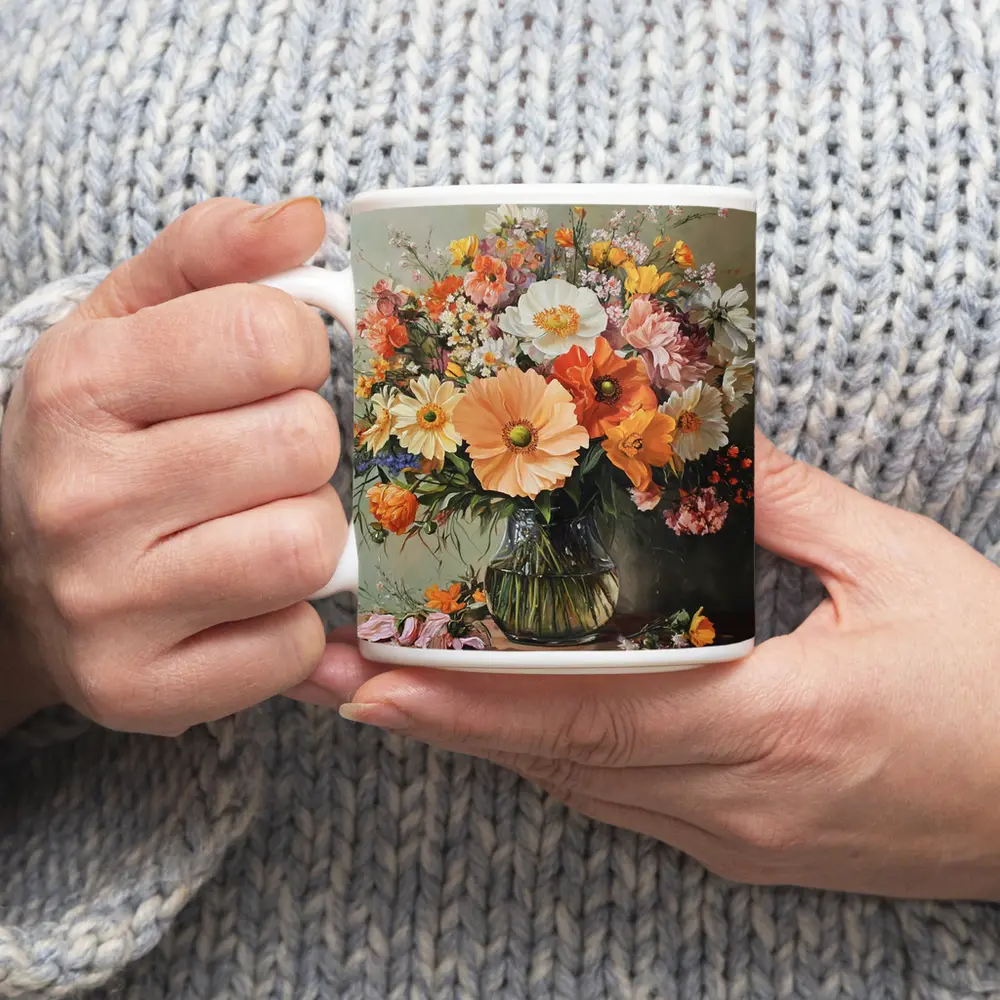 Orange Peach Wildflowers Bouquet Glass Vase Painting – Mugs