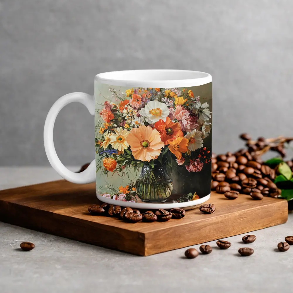 Orange Peach Wildflowers Bouquet Glass Vase Painting – Mugs