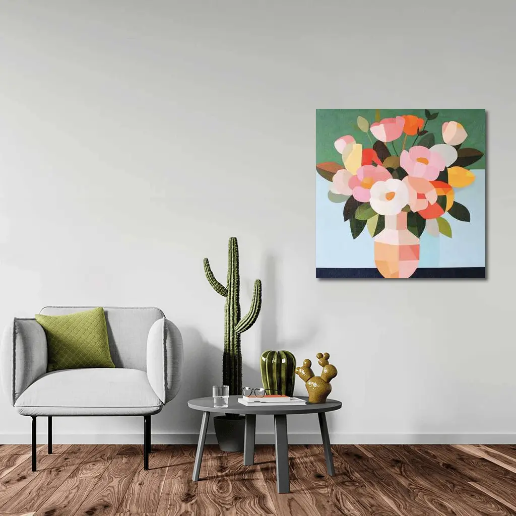 Geometric Floral Bouquet Vase Green Background – Wall Art