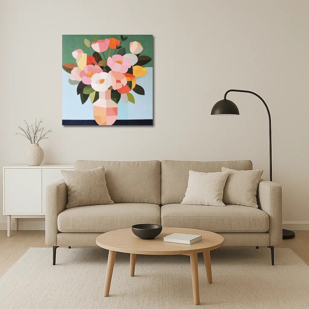 Geometric Floral Bouquet Vase Green Background – Wall Art
