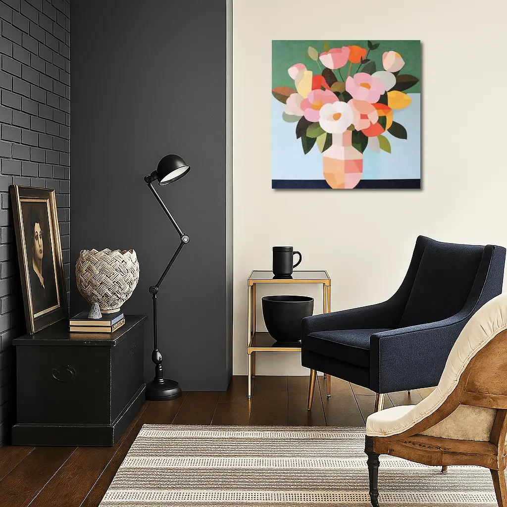 Geometric Floral Bouquet Vase Green Background – Wall Art