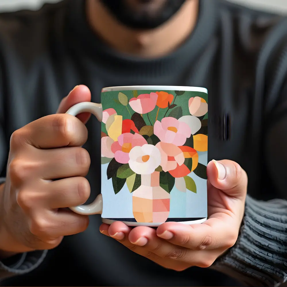Geometric Floral Bouquet Vase Green Background – Mugs