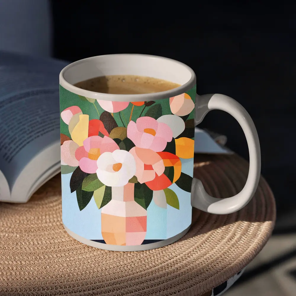 Geometric Floral Bouquet Vase Green Background – Mugs