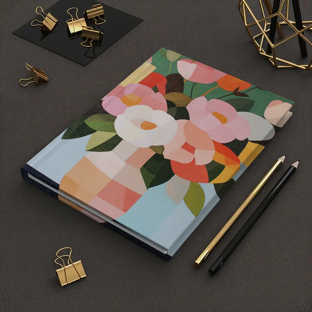 Geometric Floral Bouquet Vase Green Background – Notebooks