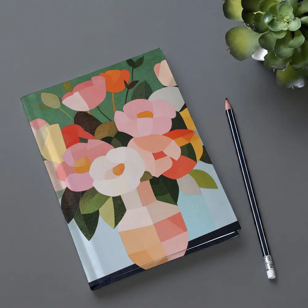 Geometric Floral Bouquet Vase Green Background – Notebooks