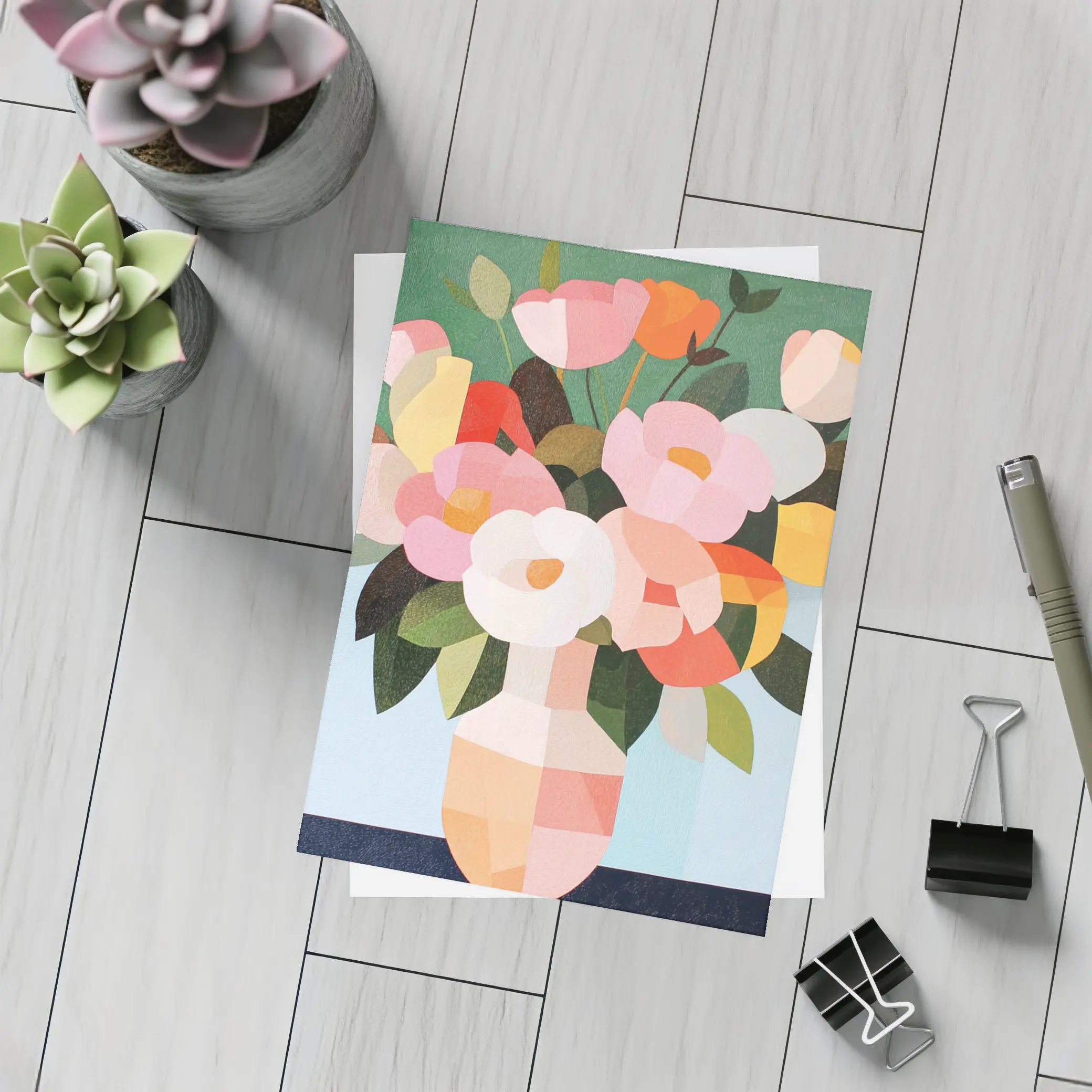 Geometric Floral Bouquet Vase Green Background – Postcards