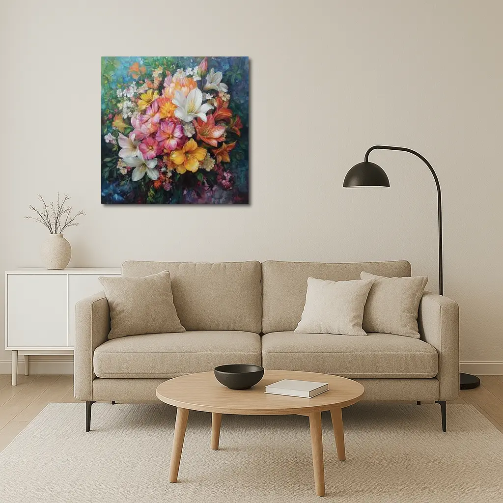 Mixed Bouquet Floral Oil Painting Blue Background – Wall Art