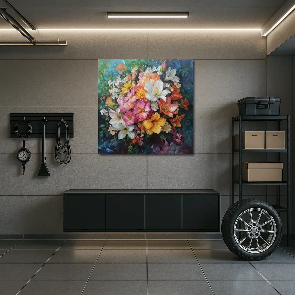 Mixed Bouquet Floral Oil Painting Blue Background – Wall Art