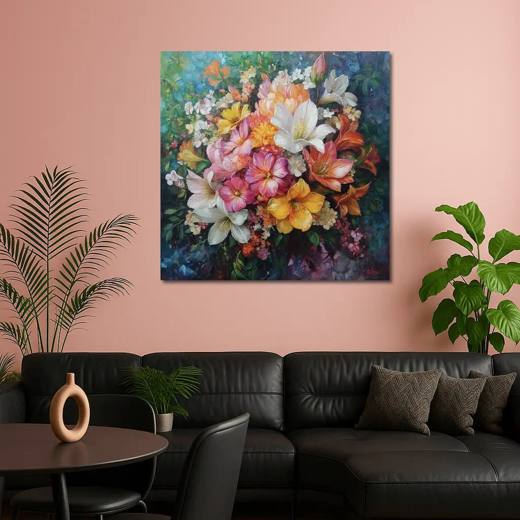 Mixed Bouquet Floral Oil Painting Blue Background – Wall Art