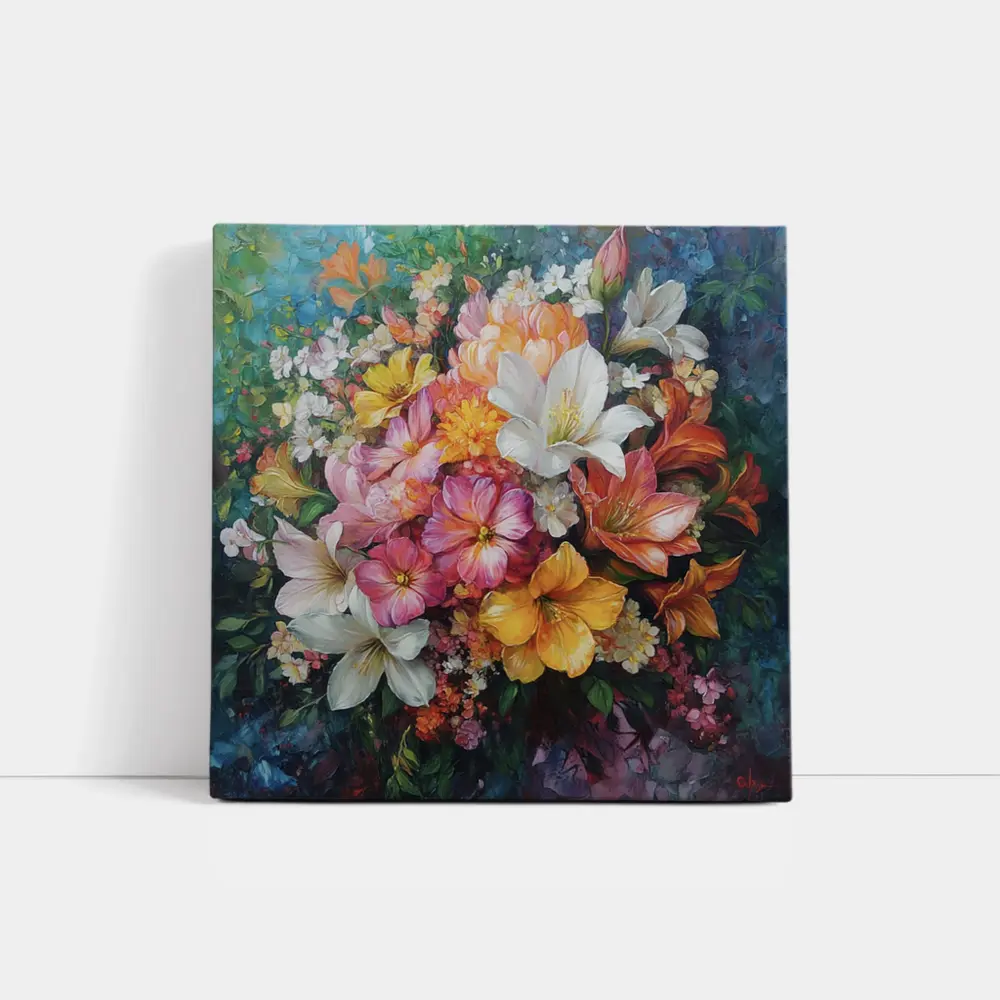 Mixed Bouquet Floral Oil Painting Blue Background – Wall Art