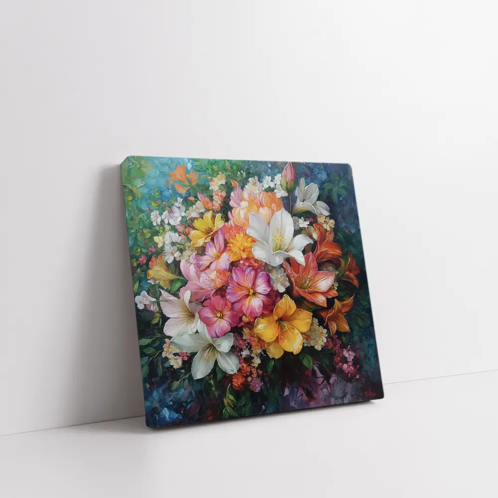Mixed Bouquet Floral Oil Painting Blue Background – Wall Art