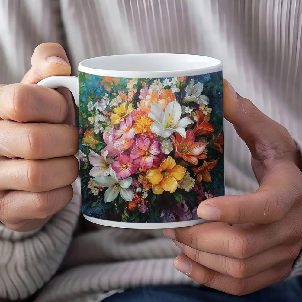 Mixed Bouquet Floral Oil Painting Blue Background – Mugs