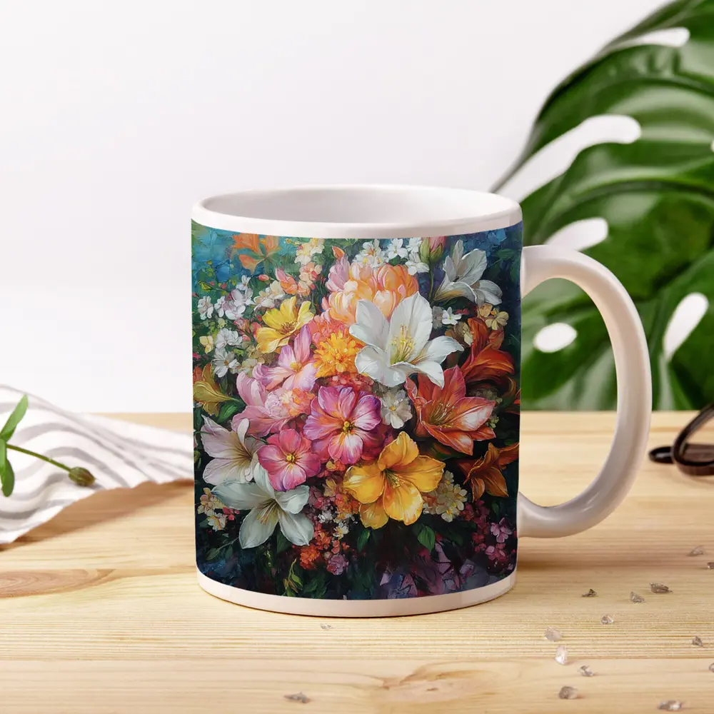 Mixed Bouquet Floral Oil Painting Blue Background – Mugs
