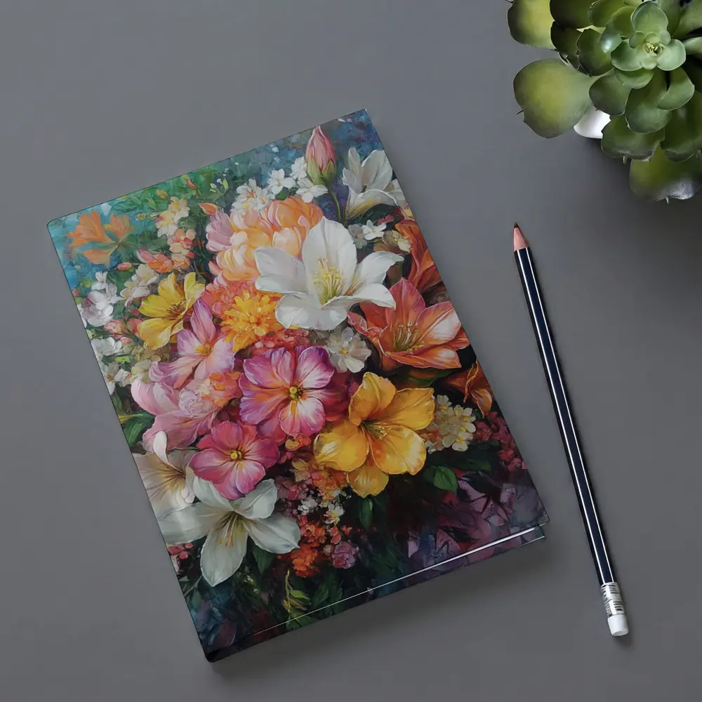 Mixed Bouquet Floral Oil Painting Blue Background – Notebooks