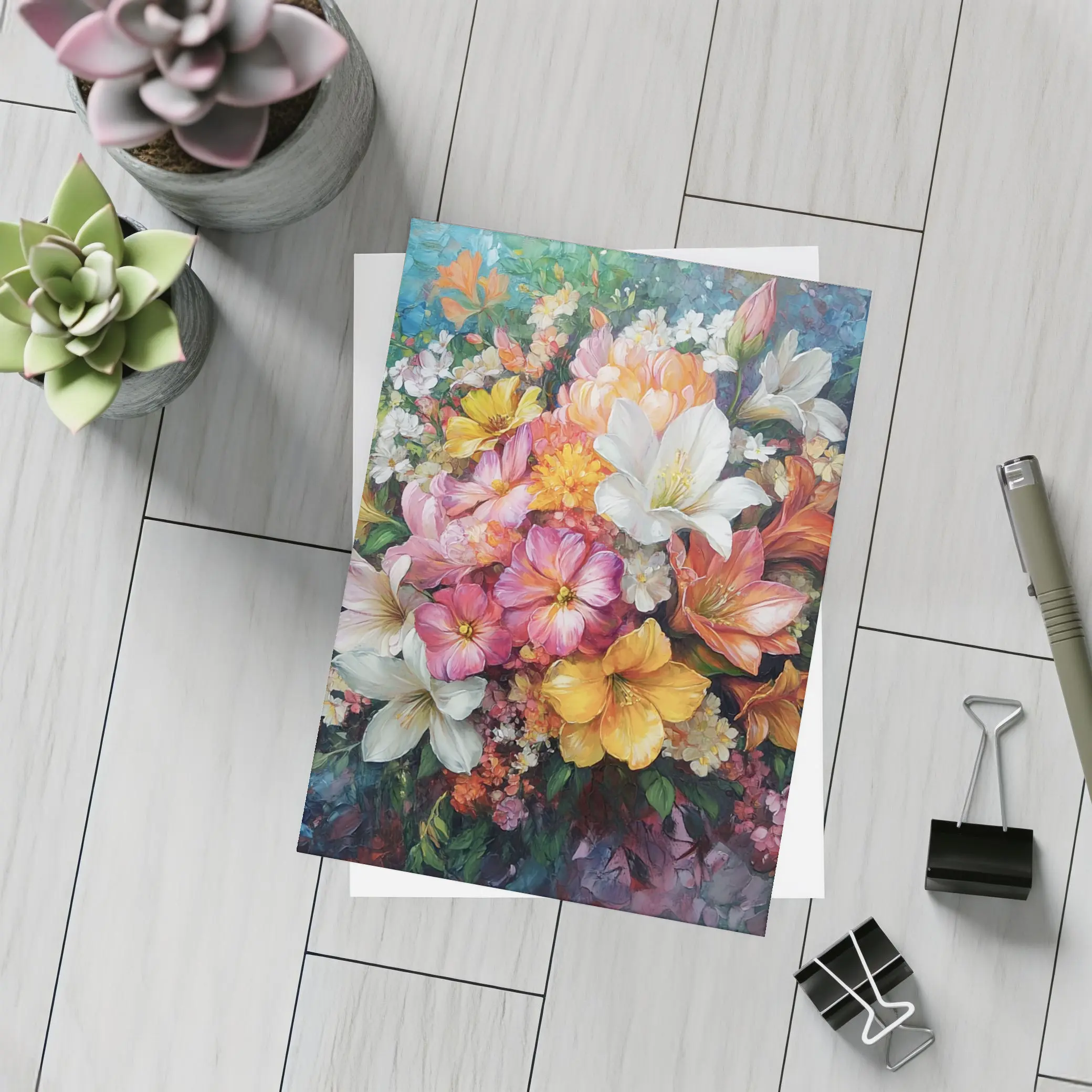 Mixed Bouquet Floral Oil Painting Blue Background – Postcards