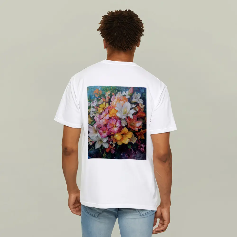 Mixed Bouquet Floral Oil Painting Blue Background – T-Shirts