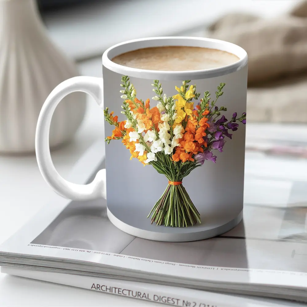Snapdragon Bouquet Orange Yellow Purple Gray Background – Mugs