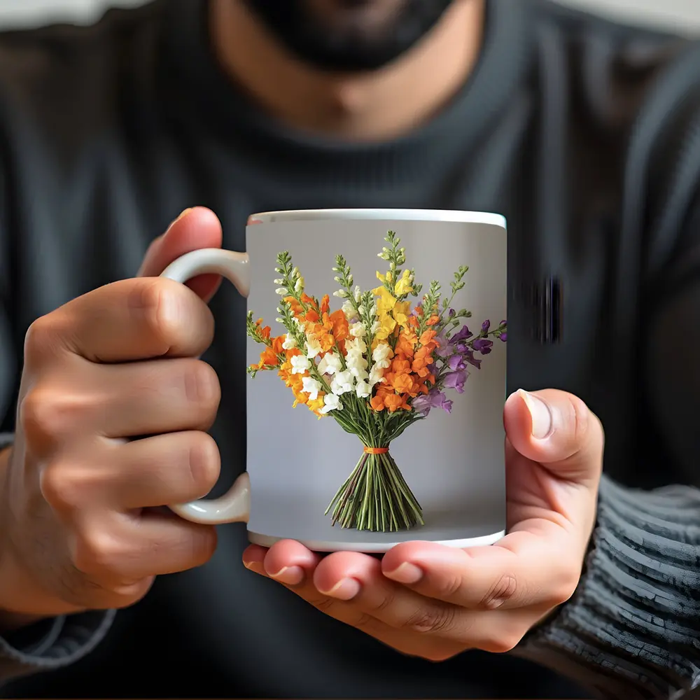 Snapdragon Bouquet Orange Yellow Purple Gray Background – Mugs