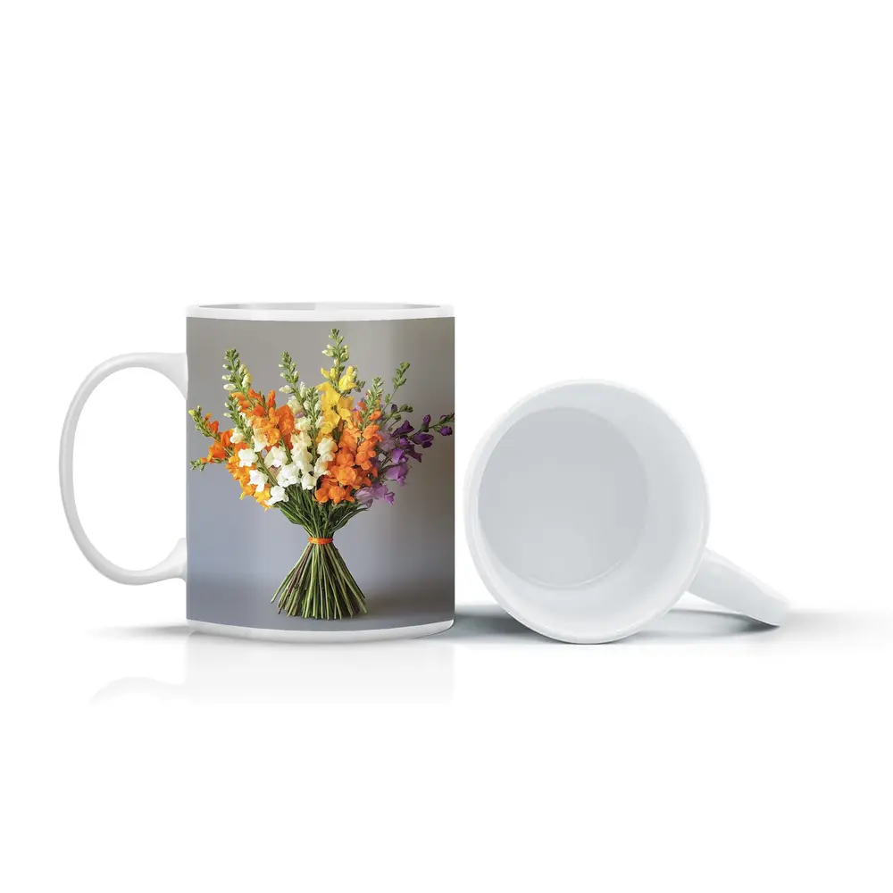Snapdragon Bouquet Orange Yellow Purple Gray Background – Mugs