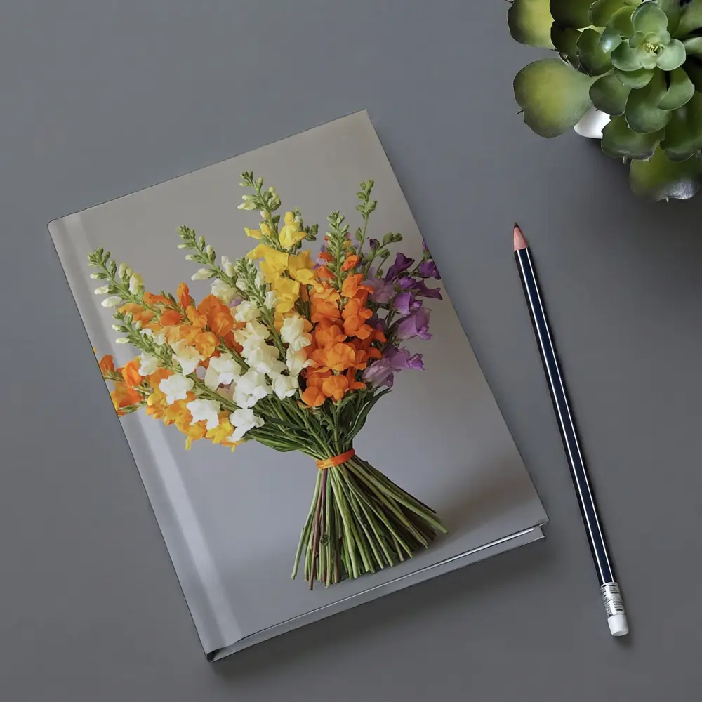 Snapdragon Bouquet Orange Yellow Purple Gray Background – Notebooks