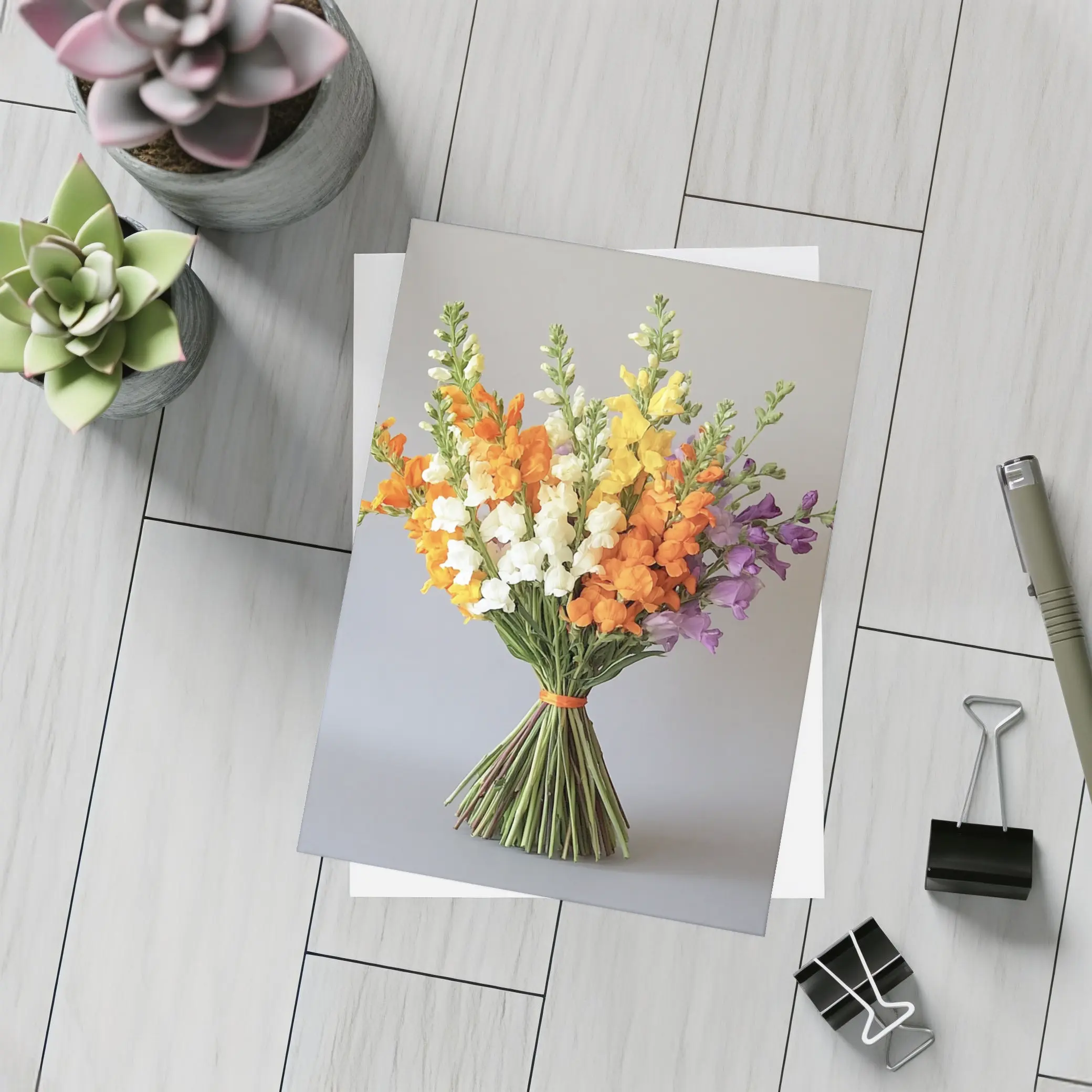Snapdragon Bouquet Orange Yellow Purple Gray Background – Postcards