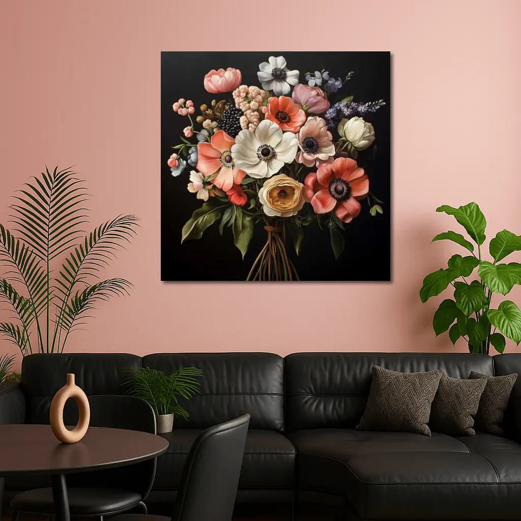 Anemone Bouquet Dark Background Botanical Painting – Wall Art