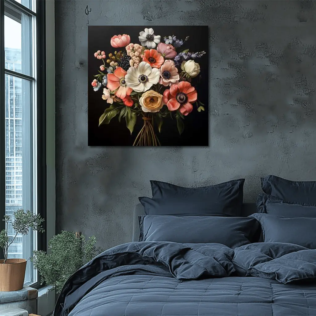 Anemone Bouquet Dark Background Botanical Painting – Wall Art