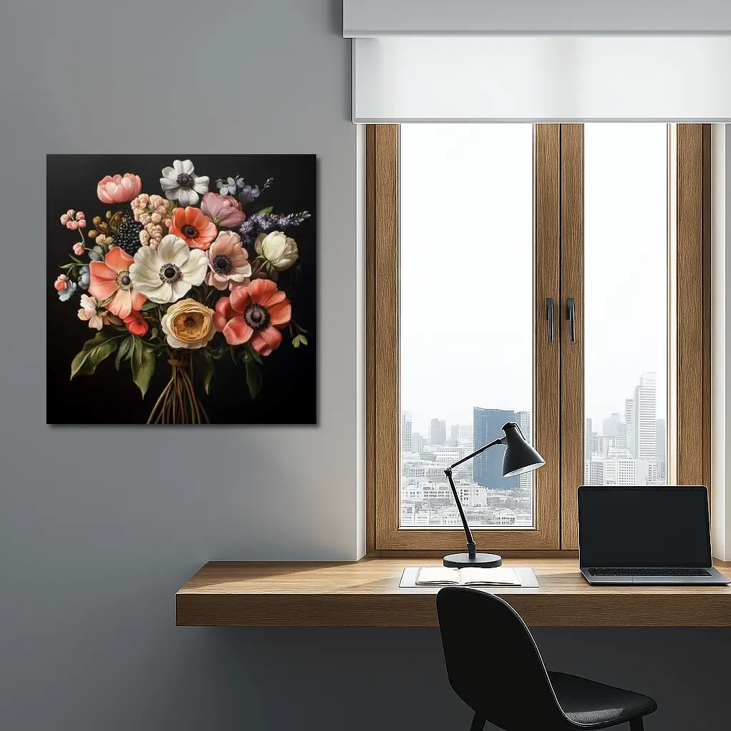 Anemone Bouquet Dark Background Botanical Painting – Wall Art