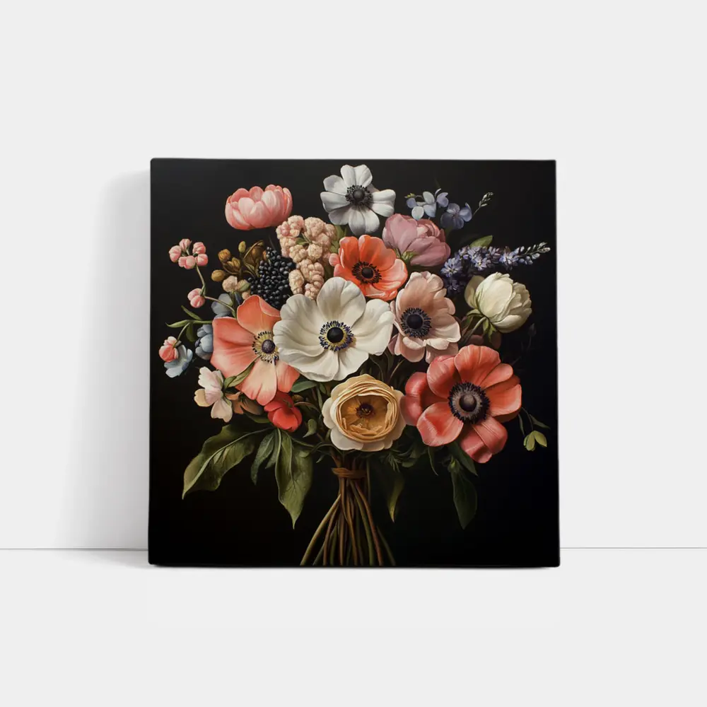 Anemone Bouquet Dark Background Botanical Painting – Wall Art
