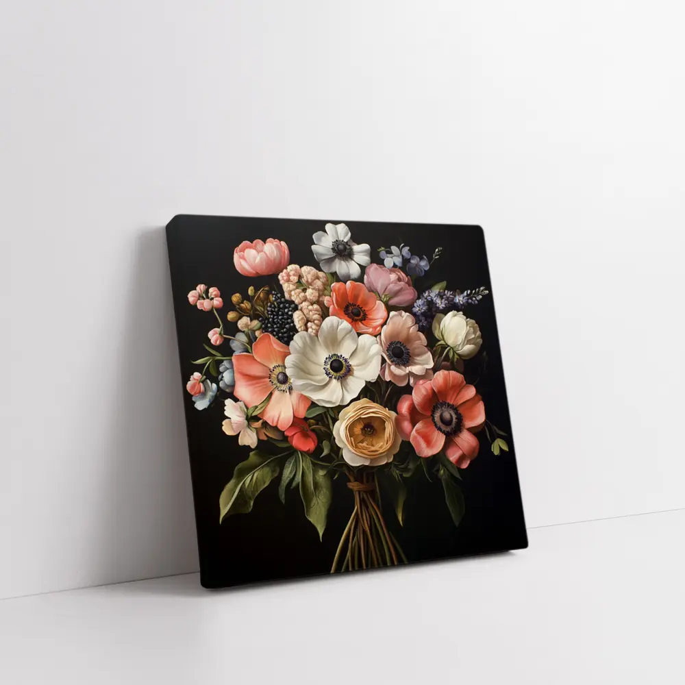 Anemone Bouquet Dark Background Botanical Painting – Wall Art