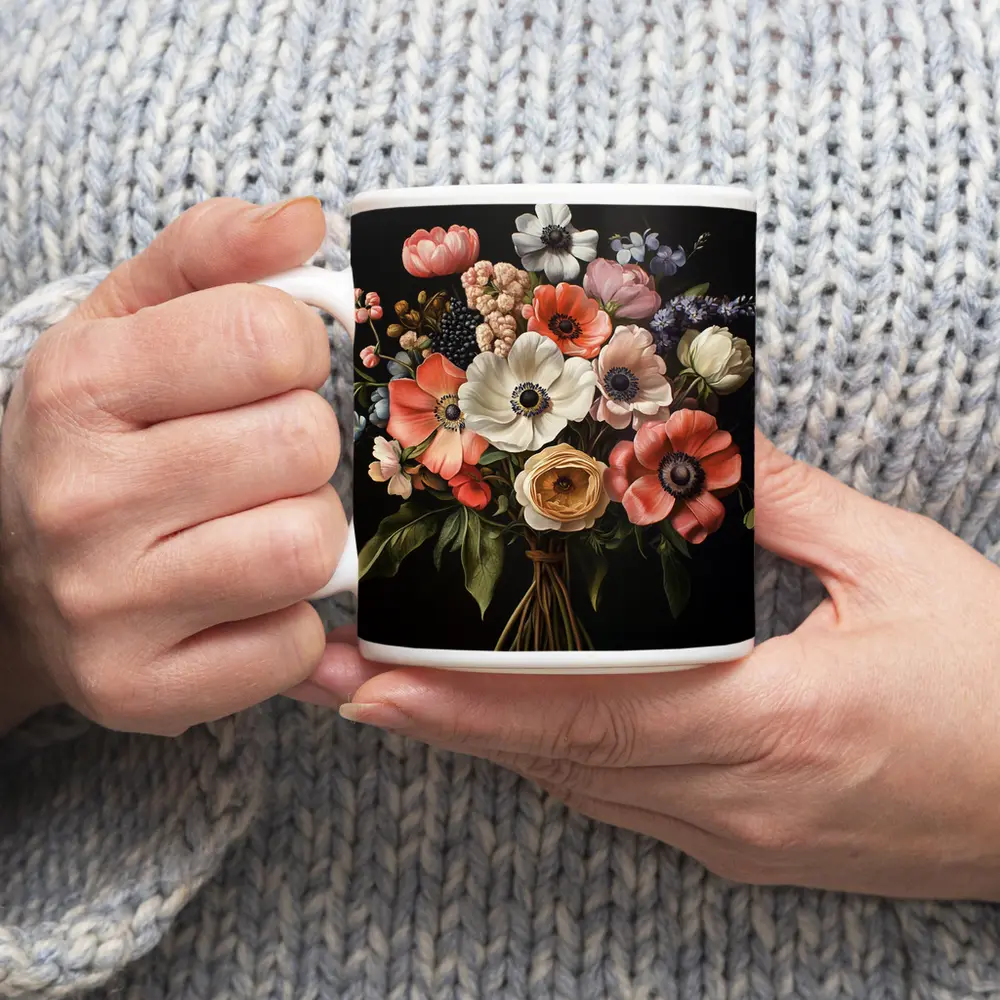 Anemone Bouquet Dark Background Botanical Painting – Mugs