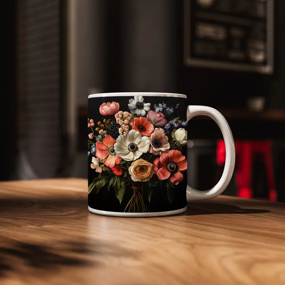 Anemone Bouquet Dark Background Botanical Painting – Mugs