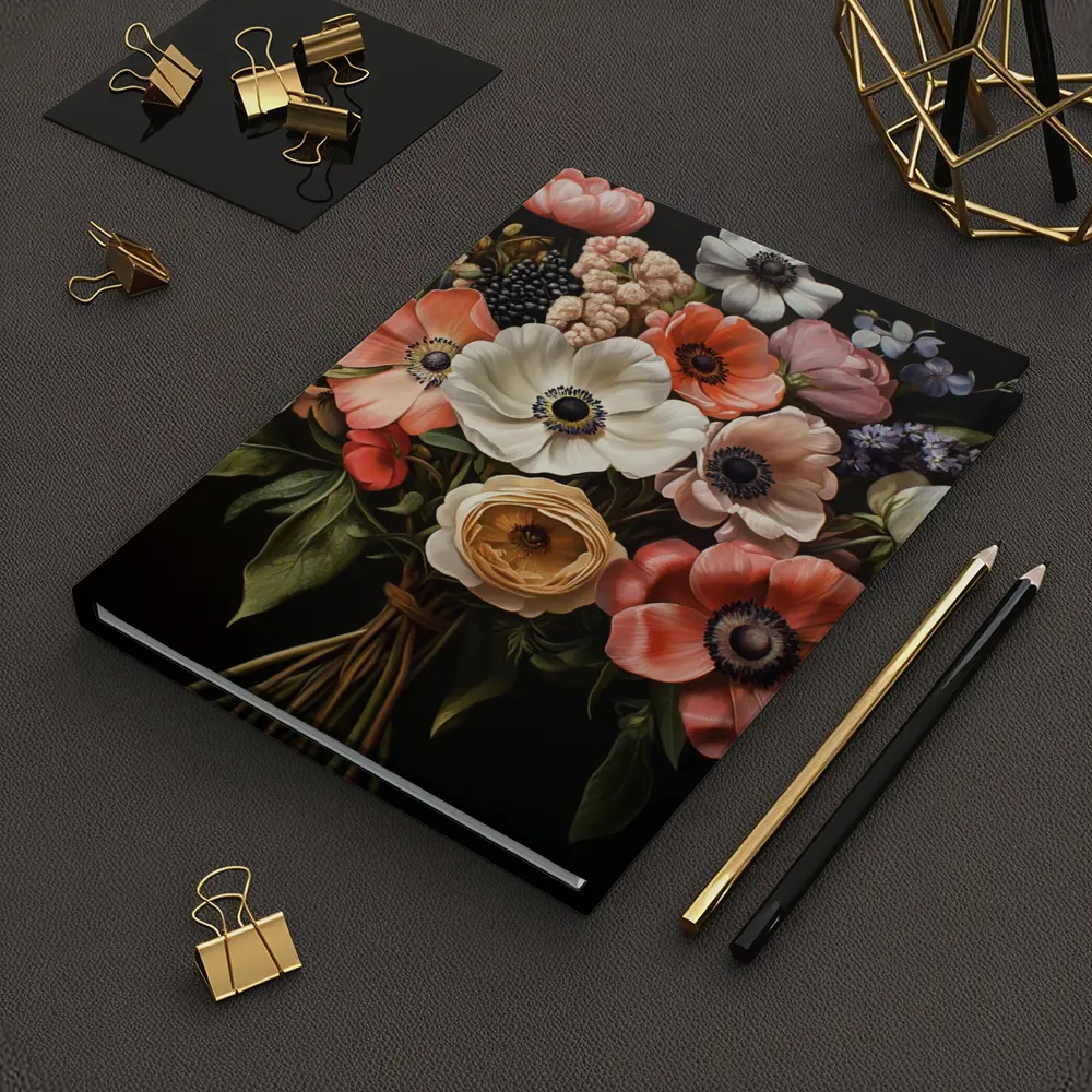 Anemone Bouquet Dark Background Botanical Painting – Notebooks