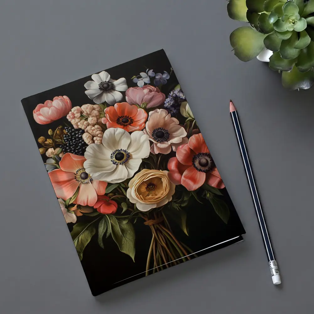 Anemone Bouquet Dark Background Botanical Painting – Notebooks